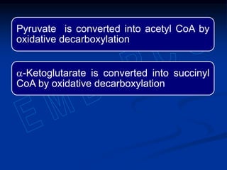 Pyruvate is converted into acetyl CoA by
oxidative decarboxylation
a-Ketoglutarate is converted into succinyl
CoA by oxidative decarboxylation
 