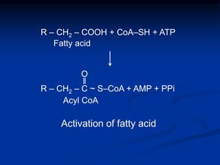 R ‒ CH2 ‒ COOH + CoA‒SH + ATP
R ‒ CH2 ‒ C ~ S‒CoA + AMP + PPi
O
‖
Fatty acid
Acyl CoA
Activation of fatty acid
 