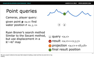 Point queries                                                                               ?

         Cameras, player query:
         given point p <u,v> find
         water position r <u, y, v>                                                               3   p




         Ryan Broner’s search method
         Similar to the Secant method,                                                   p    query <u,v>
         but use displacement in a
         R2→R3 map                                                                       q    result <u,v>+<x,y,z>
                                                                                          s   projection <u,v>+<0,y,0>
                                                                                          r   final result position
                                                                                                                         111
We use a search method to the wave ﬁeld instead of building a mesh and then do some form of ray
casting.
 