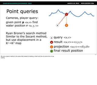 Point queries                                                                               ?
                                                                                                      4

         Cameras, player query:
         given point p <u,v> find
         water position r <u, y, v>                                                               4   p
                                                                                                      4




         Ryan Broner’s search method
         Similar to the Secant method,                                                   p    query <u,v>
         but use displacement in a
         R2→R3 map                                                                       q    result <u,v>+<x,y,z>
                                                                                          s   projection <u,v>+<0,y,0>
                                                                                          r   final result position
                                                                                                                         111
We use a search method to the wave ﬁeld instead of building a mesh and then do some form of ray
casting.
 