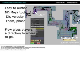 Easy to author
         ND Maya tool
                                                                                       Start
          Dir, velocity
          Foam, phase
                                                                                                                    End
         Flow gives players
         a direction to where
         to go.
                                                                                                          sunken ruins level
                                                                                                                           30
This is the Maya tool used in all the Uncharted games.
The tool uses splines to deﬁne the direction and color maps to control the magnitude of the velocities.
Also,we can generate foam maps, and phase (for displacement).
Later we will talk more about the basic ﬂow displacement
 