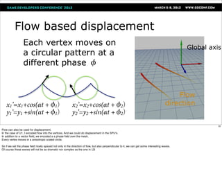 Flow based displacement
                 Each vertex moves on                                                                                                          Global axis
                 a circular pattern at a
                 different phase φ


                                                                                                                                           Flow
   x1’=x1+cos(αt +φ1)                                     x2’=x2+cos(αt +φ2)                                                           direction
   y1’=y1 +sin(αt +φ1)                                    y2’=y2 +sin(αt +φ2)
                                                                                                                                                         32
Flow can also be used for displacement.
In the case of U1, I encoded ﬂow into the vertices. And we could do displacement in the SPU's.
In addition to a vector ﬁeld, we encoded a a phase ﬁeld over the mesh.
Every vertex moves in a anisotropic scaled circle.

So if we set the phase ﬁeld nicely spaced not only in the direction of ﬂow, but also perpendicular to it, we can get some interesting waves.
Of course these waves will not be as dramatic nor complex as the one in U3
 
