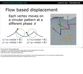 Flow based displacement
                 Each vertex moves on                                                                              Local axis
                 a circular pattern at a
                 different phase φ


                                                                                                                                           Flow
   x1’=x1+cos(αt +φ1)                                     x2’=x2+cos(αt +φ2)                                                           direction
   y1’=y1 +sin(αt +φ1)                                    y2’=y2 +sin(αt +φ2)
                                                                                                                                                   32
Flow can also be used for displacement.
In the case of U1, I encoded ﬂow into the vertices. And we could do displacement in the SPU's.
In addition to a vector ﬁeld, we encoded a a phase ﬁeld over the mesh.
Every vertex moves in a anisotropic scaled circle.

So if we set the phase ﬁeld nicely spaced not only in the direction of ﬂow, but also perpendicular to it, we can get some interesting waves.
Of course these waves will not be as dramatic nor complex as the one in U3
 