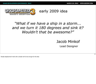 early 2009 idea


                      “What if we have a ship in a storm...
                     and we turn it 180 degrees and sink it?
                          Wouldn’t that be awesome?”

                                                                                   Jacob Minkof
                                                                                    Lead Designer

                                                                                                    36


Simple displacement mesh with a shader will not be enough for this idea
 