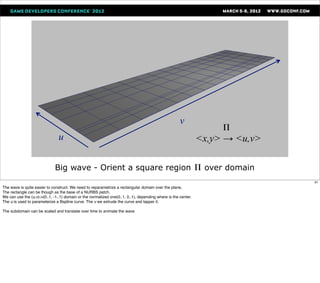 v
                                                                                                                    Π
                                u                                                                              <x,y> → <u,v>

                             Big wave - Orient a square region Π over domain
                                                                                                                               61
The wave is quite easier to construct. We need to reparametrize a rectangular domain over the plane.
The rectangle can be though as the base of a NURBS patch.
We can use the (u,v)->(0..1, -1..1) domain or the normalized one(0..1, 0..1), depending where is the center.
The u is used to parameterize a Bspline curve. The v we extrude the curve and tapper it.

The subdomain can be scaled and translate over time to animate the wave
 