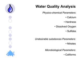 Water Quality Analysis Physico-chemical Parameters : Calcium Hardness Dissolved Oxygen Sulfides Microbiological Parameters : Coliforms Undesirable substances Parameters: Nitrates 