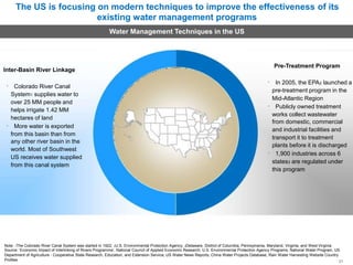 The US is focusing on modern techniques to improve the effectiveness of its
existing water management programs
Water Management Techniques in the US
Inter-Basin River Linkage
Colorado River Canal
System1 supplies water to
over 25 MM people and
helps irrigate 1.42 MM
hectares of land
More water is exported
from this basin than from
any other river basin in the
world. Most of Southwest
US receives water supplied
from this canal system
Pre-Treatment Program
In 2005, the EPA2 launched a
pre-treatment program in the
Mid-Atlantic Region
Publicly owned treatment
works collect wastewater
from domestic, commercial
and industrial facilities and
transport it to treatment
plants before it is discharged
1,900 industries across 6
states3 are regulated under
this program
Note: 1The Colorado River Canal System was started in 1922; 2U.S. Environmental Protection Agency; 3Delaware, District of Columbia, Pennsylvania, Maryland, Virginia, and West Virginia
Source: ‘Economic Impact of Interlinking of Rivers Programme’, National Council of Applied Economic Research; U.S. Environmental Protection Agency Programs; National Water Program, US
Department of Agriculture - Cooperative State Research, Education, and Extension Service; US Water News Reports; China Water Projects Database; Rain Water Harvesting Website Country
Profiles 31
 
