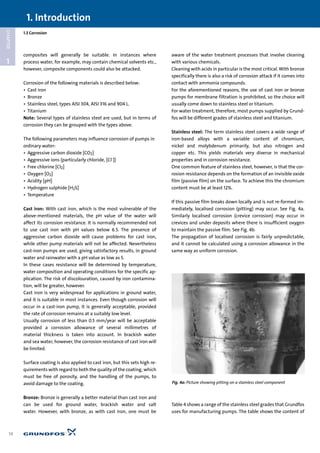 1.3 Corrosion
1
CHAPTER
composites will generally be suitable. In instances where
process water, for example, may contain chemical solvents etc.,
however, composite components could also be attacked.
Corrosion of the following materials is described below:
• Cast iron
• Bronze
• Stainless steel, types AISI 304, AISI 316 and 904 L.
• Titanium
Note: Several types of stainless steel are used, but in terms of
corrosion they can be grouped with the types above.
The following parameters may influence corrosion of pumps in
ordinary water:
• Aggressive carbon dioxide [CO2]
• Aggressive ions (particularly chloride, [Cl-])
• Free chlorine [Cl2]
• Oxygen [O2]
• Acidity [pH]
• Hydrogen sulphide [H2S]
• Temperature
Cast iron: With cast iron, which is the most vulnerable of the
above-mentioned materials, the pH value of the water will
affect its corrosion resistance. It is normally recommended not
to use cast iron with pH values below 6.5. The presence of
aggressive carbon dioxide will cause problems for cast iron,
while other pump materials will not be affected. Nevertheless
cast-iron pumps are used, giving satisfactory results, in ground
water and rainwater with a pH value as low as 5.
In these cases resistance will be determined by temperature,
water composition and operating conditions for the specific ap-
plication. The risk of discolouration, caused by iron contamina-
tion, will be greater, however.
Cast iron is very widespread for applications in ground water,
and it is suitable in most instances. Even though corrosion will
occur in a cast-iron pump, it is generally acceptable, provided
the rate of corrosion remains at a suitably low level.
Usually corrosion of less than 0.5 mm/year will be acceptable
provided a corrosion allowance of several millimetres of
material thickness is taken into account. In brackish water
and sea water, however, the corrosion resistance of cast iron will
be limited.
Surface coating is also applied to cast iron, but this sets high re-
quirements with regard to both the quality of the coating, which
must be free of porosity, and the handling of the pumps, to
avoid damage to the coating.
Bronze: Bronze is generally a better material than cast iron and
can be used for ground water, brackish water and salt
water. However, with bronze, as with cast iron, one must be
aware of the water treatment processes that involve cleaning
with various chemicals.
Cleaning with acids in particular is the most critical. With bronze
specifically there is also a risk of corrosion attack if it comes into
contact with ammonia compounds.
For the aforementioned reasons, the use of cast iron or bronze
pumps for membrane filtration is prohibited, so the choice will
usually come down to stainless steel or titanium.
For water treatment, therefore, most pumps supplied by Grund-
fos will be different grades of stainless steel and titanium.
Stainless steel: The term stainless steel covers a wide range of
iron-based alloys with a variable content of chromium,
nickel and molybdenum primarily, but also nitrogen and
copper etc. This yields materials very diverse in mechanical
properties and in corrosion resistance.
One common feature of stainless steel, however, is that the cor-
rosion resistance depends on the formation of an invisible oxide
film (passive film) on the surface. To achieve this the chromium
content must be at least 12%.
If this passive film breaks down locally and is not re-formed im-
mediately, localised corrosion (pitting) may occur. See Fig. 4a.
Similarly localised corrosion (crevice corrosion) may occur in
crevices and under deposits where there is insufficient oxygen
to maintain the passive film. See Fig. 4b.
The propagation of localised corrosion is fairly unpredictable,
and it cannot be calculated using a corrosion allowance in the
same way as uniform corrosion.
Table 4 shows a range of the stainless steel grades that Grundfos
uses for manufacturing pumps. The table shows the content of
1. Introduction
14
Fig. 4a: Picture showing pitting on a stainless steel component
 