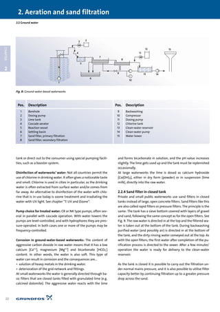 tank or direct out to the consumer using special pumping facili-
ties, such as a booster system.
Disinfection of waterworks’ water: Not all countries permit the
use of chlorine in drinking water. It often gives a noticeable taste
and smell. Chlorine is used in cities in particular, as the drinking
water is often extracted from surface water and/or comes from
far away. An alternative to disinfection of the water with chlo-
rine that is in use today is ozone treatment and irradiating the
water with UV light. See chapter “7. UV and Ozone”.
Pump choice for treated water: CR or NK type pumps, often sev-
eral in parallel with cascade operation. With water towers the
pumps are level-controlled, and with hydrophores they are pres-
sure-operated. In both cases one or more of the pumps may be
frequency-controlled.
Corrosion in ground-water-based waterworks: The content of
aggressive carbon dioxide in raw water means that it has a low
calcium [Ca++], magnesium [Mg++] and bicarbonate [HCO3
-]
content. In other words, the water is also soft. This type of
water can result in corrosion and the consequences are…
• solution of heavy metals in the drinking water.
• deterioration of the grid network and fittings.
At small waterworks the water is generally directed through ba-
sic filters that are closed tanks filled with granulated lime (e.g.
calcined dolomite). The aggressive water reacts with the lime
and forms bicarbonate in solution, and the pH value increases
slightly. The lime gets used up and the tank must be replenished
occasionally.
At large waterworks the lime is dosed as calcium hydroxide
[Ca(OH)2], either in dry form (powder) or in suspension (lime
milk), directly into the raw water.
2.2.4 Sand filter in closed tank
Private and small public waterworks use sand filters in closed
tanks instead of large, open concrete filters. Sand filters like this
are also called rapid filters or pressure filters. The principle is the
same: The tank has a sieve bottom covered with layers of gravel
and sand, following the same concept as for the open filters. See
Fig. 9. The raw water is directed in at the top and the filtered wa-
ter is taken out at the bottom of the tank. During backwashing
purified water (and possibly air) is directed in at the bottom of
the tank, and the dirty rinsing water conveyed out at the top. As
with the open filters, the first water after completion of the pu-
rification process is directed to the sewer. After a few minutes’
operation the water is ready for delivery to the clean-water
reservoir.
As the tank is closed it is possible to carry out the filtration un-
der normal mains pressure, and it is also possible to utilise filter
capacity better by continuing filtration up to a greater pressure
drop across the sand.
2.2 Ground water
2. Aeration and sand filtration
20
2
CHAPTER
7
8
1
4
5
6
9
11
10
13 14
32
12 15
Fig. 8: Ground-water-based waterworks
Pos. Description Pos. Description
1 Borehole 9 Backwashing
2 Dosing pump 10 Compressor
3 Lime tank 11 Dosing pump
4 Cascade aerator 12 Chlorine tank
5 Reaction vessel 13 Clean-water reservoir
6 Settling basin 14 Clean-water pump
7 Sand filter, primary filtration 15 Water tower
8 Sand filter, secondary filtration
 