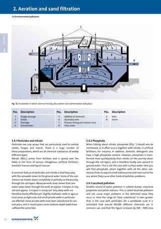 2.4.1 Pesticides and nitrate
Pesticides are crop sprays that are particularly used to combat
weeds, fungus and insects. There is a huge number of
these preparations, which are all chemical substances of widely
different types.
Nitrate [NO3
-] comes from fertiliser and is spread over the
fields in the form of various nitrogenous artificial fertilisers,
livestock manure and liquid manure.
A common feature of pesticides and nitrate is that they seep
with the rainwater down to the ground water. Some of the sub-
stances are broken down completely or partially on the journey
through the soil layers. Measurements have shown that rain-
water seeps down through the earth at approx. 1 m/year in clay
soil and approx. 3 m/year in sandy soil. Very deep wells are
therefore barely affected yet. Slightly shallower wells in agricul-
tural areas on light soils and small private wells in particular
are affected. Some private wells have been abandoned for sev-
eral years, and in recent years some medium-depth wells have
suffered the same fate.
2.4.2 Phosphate
When talking about nitrate, phosphate [PO4
---] should also be
mentioned, as it often occurs together with nitrate, in artificial
fertilisers, for instance. In addition, domestic detergents also
have a high phosphate content. However, phosphate is trans-
formed more quickly/easily than nitrate on the journey down
through the soil layers, and is therefore hardly ever present in
ground water. This is not the case with surface water. Here you
will find phosphate, which together with all the other sub-
stances finds its way via small watercourses and rivers out to the
sea, where they cause other kinds of pollution problems.
2.4.3 Localised pollution
Another source of water pollution is rubbish dumps, industrial
properties and petrol stations. This is called localised pollution
and can cause major problems in the delimited areas they
occur in. Here the range of “toxic substances” is even greater
than is the case with pesticides. On a worldwide scale it is
estimated that around 80,000 different chemicals are in
common use, and that the figure increases by 500 - 1000 new
2.4 Environmental pollutants
2. Aeration and sand filtration
24
2
CHAPTER
5
10
6
8
4
7
3
1
2
9
Fig. 12: Accelerator in which chemical mixing, flocculation and sedimentation take place.
Pos. Description Pos. Description Pos. Description
1 Sludge drainage 5 Addition of chemicals 9 Inlet
2 Outlet 6 Secondary zone 10 Stirrer
3 Drainage 7 Primary mixing and reaction zone
4 Concentrator 8 Clear water
 