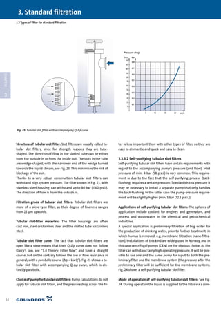 Structure of tubular slot filter: Slot filters are usually called tu-
bular slot filters, since for strength reasons they are tube-
shaped. The direction of flow in the slotted tube can be either
from the outside in or from the inside out. The slots in the tube
are wedge-shaped, with the narrower end of the wedge turned
towards the liquid stream, see Fig. 23. This minimises the risk of
blockage of the slot.
Thanks to a very robust construction tubular slot filters can
withstand high system pressure. The filter shown in Fig. 23, with
stainless-steel housing, can withstand up to 80 bar (1160 p.s.i.).
The direction of flow is from the outside in.
Filtration grade of tubular slot filters: Tubular slot filters are
more of a sieve-type filter, as their degree of fineness ranges
from 25 µm upwards.
Tubular slot-filter materials: The filter housings are often
cast iron, steel or stainless steel and the slotted tube is stainless
steel.
Tubular slot filter curve: The fact that tubular slot filters are
open like a sieve means that their Q-∆p curve does not follow
Darcy’s law, see “3.4 Theory: Filter flow”, and have a straight
course, but on the contrary follows the law of flow resistance in
general, with a parabolic course (∆p = k x Q2). Fig. 23 shows a tu-
bular slot filter with accompanying Q-∆p curve, which is dis-
tinctly parabolic.
Choice of pump for tubular slot filters: Pump calculations do not
apply for tubular slot filters, and the pressure drop across the fil-
ter is less important than with other types of filter, as they are
easy to dismantle and quick and easy to clean.
3.3.3.2 Self-purifying tubular slot filters
Self-purifying tubular slot filters have certain requirements with
regard to the accompanying pump’s pressure (and flow). Inlet
pressure of min. 4 bar (58 p.s.i.) is very common. This require-
ment is due to the fact that the self-purifying process (back-
flushing) requires a certain pressure. To establish this pressure it
may be necessary to install a separate pump that only handles
the back-flushing. In the latter case the pump-pressure require-
ment will be slightly higher (min. 5 bar (72.5 p.s.i.)).
Applications of self-purifying tubular slot filters: The spheres of
application include coolant for engines and generators, and
process and wastewater in the chemical and petrochemical
industries.
A special application is preliminary filtration of bog water for
the production of drinking water, prior to further treatment, in
which humus is removed, e.g. membrane filtration (nano-filtra-
tion). Installations of this kind are widely used in Norway, and in
this case centrifugal pumps (CRN) are the obvious choice. As the
filter can withstand fairly high operating pressure, it will be pos-
sible to use one and the same pump for input to both the pre-
liminary filter and the membrane system (the pressure after the
preliminary filter will be sufficient for the membrane system).
Fig. 24 shows a self-purifying tubular slotfilter.
Mode of operation of self-purifying tubular slot filters: See Fig.
24. During operation the liquid is supplied to the filter via a com-
3.3 Types of filter for standard filtration
3. Standard filtration
34
3
CHAPTER
Pressure drop
Bar
0.8
0.7
0.6
0.5
0.4
0.3
0.2
0.1
5 10 15 20 m3
/h
P.s.i.
10
11
12
9
8
7
4
5
6
3
2
1
Fig. 23: Tubular slot filter with accompanying Q-∆p curve
 