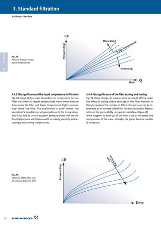 3.4.3 The significance of the liquid temperature in filtration
Fig. 28 shows Q-∆p curves dependent on temperature for one
filter size (fixed A): Higher temperatures mean lower pressure
drop across the filter and lower temperatures higher pressure
drop above the filter. The explanation is quite simple: The
viscosity of a liquid is inversely proportional to the temperature,
and if you look at Darcy’s equation above, it shows that the dif-
ferential pressure will increase with increasing viscosity, and ac-
cordingly with falling temperatures.
3.4.4 The significance of the filter scaling and fouling
Fig. 29 shows changes in pressure drop as a result of time under
the effect of scaling and/or blockage of the filter medium. In
Darcy’s equation the increase in differential pressure can be in-
terpreted as an increase in the filter thickness (t) and/or deterio-
ration in the permeability i.e. a greater resistance figure (R).
What happens is build-up of the filter cake (t increases) and
compression of the cake, whereby the pores become smaller
(R increases).
3.4 Theory: Filter flow
3. Standard filtration
38
3
CHAPTER
<p
Time
Increasing
area
Pressuredrop
Fig. 29:
Influence of the filter cake
on pressure drop over time
Decreasing
Increasing
Design temperature
Q
<p
Pressuredrop
Flow
Fig. 28:
Pressure drop for various
liquid temperatures
 