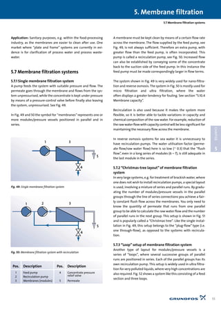 5.7 Membrane filtration systems
Application: Sanitary purposes, e.g. within the food-processing
industry, as the membranes are easier to clean after use. One
market where “plate and frame” systems are currently in evi-
dence is for clarification of process water and process waste-
water.
5.7 Membrane filtration systems
5.7.1 Single membrane filtration system
A pump feeds the system with suitable pressure and flow. The
permeate goes through the membrane and flows from the sys-
tem unpressurised, while the concentrate is kept under pressure
by means of a pressure-control valve before finally also leaving
the system, unpressurised. See Fig. 49.
In Fig. 49 and 50 the symbol for “membranes”represents one or
more modules/pressure vessels positioned in parallel and in
series.
A membrane must be kept clean by means of a certain flow rate
across the membrane. The flow supplied by the feed pump, see
Fig. 49, is not always sufficient. Therefore an extra pump, with
greater flow than the feed pump, is often incorporated. This
pump is called a recirculation pump, see Fig. 50. Increased flow
can also be established by conveying some of the concentrate
back to the suction side of the feed pump. In this instance the
feed pump must be made correspondingly larger in flow terms.
The system shown in Fig. 49 is very widely used for nano-filtra-
tion and reverse osmosis. The system in Fig. 50 is mostly used for
micro filtration and ultra filtration, where the water
often displays a greater tendency for fouling. See section “5.10.4
Membrane capacity”.
Recirculation is also used because it makes the system more
flexible, so it is better able to tackle variations in capacity and
chemical composition of the raw water. For example, reduction of
the raw water flow with capacity control will be less significant for
maintaining the necessary flow across the membrane.
In reverse osmosis systems for sea water it is unnecessary to
have recirculation pumps. The water utilisation factor (perme-
ate flow/raw water flow) here is so low (~ 0.3) that the “flush
flow”, even in a long series of modules (6 – 7), is still adequate in
the last module in the series.
5.7.2 “Christmas-tree layout” of membrane filtration
system
In very large systems, e.g. for treatment of brackish water, where
one does not wish to install recirculation pumps, a special layout
is used, involving a mixture of series and parallel runs. By gradu-
ating the number of modules/pressure vessels in the parallel
groups through the line of series connections you achieve a fair-
ly constant flush flow across the membranes. You only need to
know the quantity of permeate that runs from one parallel
group to be able to calculate the raw water flow and the number
of parallel runs in the next group. This setup is shown in Fig. 51
and is popularly called a “Christmas tree”. Like the single instal-
lation in Fig. 49, this setup belongs to the “plug-flow” type (i.e.
one through-flow), as opposed to the systems with recircula-
tion.
5.7.3 “Loop” setup of membrane filtration system
Another type of layout for modules/pressure vessels is a
series of “loops”, where several successive groups of parallel
runs are positioned in series. Each of the parallel groups has its
own recirculation pump. This setup is widely used in ultra filtra-
tion for very polluted liquids, where very high concentrations are
also required. Fig. 52 shows a system like this consisting of a feed
section and three loops.
5. Membrane filtration
55
5
CHAPTER
1 3
4
5
Fig. 49: Single membrane filtration system
1 3
4
5
2
Fig. 50: Membrane filtration system with recirculation
Pos. Description Pos. Description
1 Feed pump 4 Concentrate pressure
2 Recirculation pump relief valve
3 Membranes (modules) 5 Permeate
 
