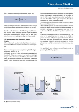 After a minor revision the equation resembles Darcy’s law:
The equation expresses the fact that the pressure drop through
the membrane is directly proportional to the flux and viscosity.
It can be said that micro and ultra filtration proceed like stan-
dard filtration, but in contrast to this they handle much finer
“grain sizes”. It is a question of molecule sizes, i.e. large mole-
cules like proteins and carbohydrates (e.g. starch and sugar).
5.10.2 Liquid flow in nano and reverse osmosis
filtration
Before analysing the equation for the liquid flow in nano and re-
verse osmosis filtration, we will examine the term osmotic pres-
sure.
The term osmotic pressure can be explained by the following ex-
periment, as shown in Fig. 59:
If the beaker on the left is filled with completely pure water on
the left side of the membrane and a salt solution on the right
side, you will be able to observe that the liquid level rises on the
side of the membrane containing the salt solution (see middle
beaker). This is because the pure water pushes through the
semi-permeable membrane in an attempt to equalise the differ-
ence in concentration. As the membrane is not permeable for
salt the difference in concentration cannot be equalised by the
salt from the solution in the right side pushing through the
membrane and mixing with the pure water.
This phenomenon is called osmosis and, as mentioned previous-
ly, is a natural phenomenon.
After a while the process will come to a standstill and a state of
equilibrium will occur. The difference in the level of the two liq-
uid levels is designated the osmotic pressure head (π) or the os-
motic pressure for the salt solution in question in relation to wa-
ter.
If hydraulic pressure greater than the osmotic pressure (π) is ex-
erted on the salt solution (see the beaker on the right), the
process will reverse and go in the opposite direction, i.e. the pure
water will leave the salt solution and the liquid level of
the pure water on the left side of the membrane will rise. This
phenomenon is called reverse osmosis and does not occur natu-
rally.
The liquid flow in nano and reverse osmosis filtration can be ex-
pressed by the following equation:
5. Membrane filtration
61
5
CHAPTER
5.10 Theory: Membrane filtration
Osmosis
Osmotic
Pressure
Head
π
Pure Water
Saline
Solution
Force
Piston
Semipermeable
Membrane
Osmotic
Equilibrium
Reverse
Osmosis
Fig. 59: Osmosis and reverse osmosis
 