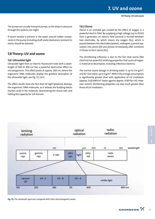 7.8 Theory: UV and ozone
The pumps are usually transport pumps, as the drops in pressure
through the systems are slight.
If ozone residue is present in the water around rubber compo-
nents in the pump (including shaft seals) elastomers resistant to
ozone should be selected.
7.8 Theory: UV and ozone
7.8.1 Ultraviolet light
Ultraviolet light from an electric fluorescent tube with a wave-
length of 200 to 300 nm has a powerful destructive effect on
microorganisms. This effect peaks at approx. 260 nm, where the
organisms’ DNA molecules display the greatest absorption of
the ultraviolet light, see Fig. 72, UV-C.
The effect results from the fact that UV light (photons) destroys
the organisms’ DNA molecules, as it attacks the building blocks
(nucleic acid) in the molecule, deactivating the tissue cells and
halting the capacity for cell division.
7.8.2 Ozone
Ozone is an unstable gas created by the effect of oxygen in a
powerful electric field. By supplying a high voltage (up to 20 kV)
from a generator, an electric field (corona) is formed between
two electrodes, by which means dry oxygen [O2], which is
passed between the electrodes (plates), undergoes a partial sep-
aration into atoms [O] and almost immediately after combines
in threes to form ozone [O3].
The disinfecting influence is due to the fact that ozone (like
chlorine) has powerful oxidising properties that cause all organ-
ic material to decompose, including infectious bacteria.
The normal ozone dosage in drinking water is up to 0.4 g/m3,
and for river water up to 2 g/m3. With it the energy consumption
is significantly greater than with application of UV irradiation
(approx. 0.02 kWh/m3 water against approx. 0.001 for UV). How-
ever, ozone’s disinfecting properties are also much greater than
those of UV irradiation.
7. UV and ozone
73
7
CHAPTER
ionizing
radiation
cosmic
rays
optical
radiation
radio-
radiation
gamma
rays
x-rays
ultra
rays
light
infra-
red
radio
waves
wavelengthkmmmmµmnm
vacuum
UV
UV - C UV - B UV - A
visible light
100 200 280 315 400 800 nm
Fig. 72: The ultraviolet spectrum compared with other electromagnetic waves
 