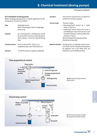 8.3 Dosing pump application
8.3.2 Installation of dosing pumps
Before installing a dosing pump in a specific application the fol-
lowing points should be considered:
Type: Diaphragm pump.
Note: This description refers to diaphragm
pumps only.
Capacity: As a starting point a dosing pump should
be set up with a maximum capacity equiva-
lent to approx. 2 times the required dosing
flow.
Counter pressure: From 1 to 10 bar (14.5 – 145 p.s.i.). In
exceptional cases, up to 16 bar (232 p.s.i.).
Precision: +/-1.0% of maximum capacity is preferable.
Variation: The minimum requirement is usually from 1
to 100% of maximum capacity.
Control mode: The best is either:
• flow-proportional control by a water
meter, cf. Fig. 74, or
• closed-loop control where the pump is
controlled by an instrument (such as a pH
controller) based on a water quality meas-
urement, cf. Fig. 75.
Manual setting of the dosing quantity
should also be possible.
Material selection: Dosing pumps are typically used for corro-
sive media and the materials will therefore
be polymers such as PP, PVDF, PTFE and
elastomers such as EPDM and FKM.
8. Chemical treatment (dosing pumps)
77
8
CHAPTER
F
Flow meter
Water of
consistent
quality
Signal proportional
to flow
Point of injection
Dosage proportional
to flow
Dosing pump
Chemical tank
Flow-proportional control
Fig. 74: Chemical dosing controlled
by flow meter
Dosing pump
Water of variable
quality
Measurement
Chemical tank
Set point
Controller
Actual
value
pH
Closed-loop control
Fig. 75: Chemical dosing controlled
by measurement of water quality
 