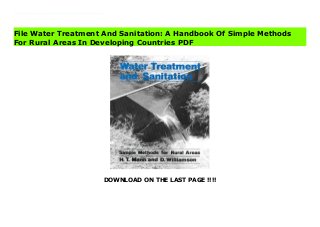 DOWNLOAD ON THE LAST PAGE !!!!
Download Here https://ebooklibrary.solutionsforyou.space/?book=090303123X A handbook of simple methods for rural areas in developing countries. This corrected and revised impression includes an appendix on planning in developing towns. Read Online PDF Water Treatment And Sanitation: A Handbook Of Simple Methods For Rural Areas In Developing Countries Download PDF Water Treatment And Sanitation: A Handbook Of Simple Methods For Rural Areas In Developing Countries Download Full PDF Water Treatment And Sanitation: A Handbook Of Simple Methods For Rural Areas In Developing Countries
File Water Treatment And Sanitation: A Handbook Of Simple Methods
For Rural Areas In Developing Countries PDF
 