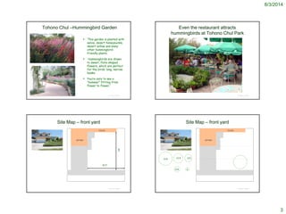 8/3/2014
3
 ‘This garden is planted with
salvia, desert honeysuckle,
desert willow and many
other hummingbird-
friendly plants.
 Hummingbirds are drawn
to sweet, flute-shaped
flowers, which are perfect
for the birds’ long, narrow
beaks.
 You’re sure to see a
“hummer” flitting from
flower to flower.’
© Project SOUND
Tohono Chul –Hummingbird Garden
http://sabinocanyonblog.blogspot.com/2009/03/whats-blooming-at-tohono-chul.html
Even the restaurant attracts
hummingbirds at Tohono Chul Park
© Project SOUND
http://www.soaznonprofits.org/tucsons-worst-best-kept-secret/
Site Map – front yard
© Project SOUND
garage
house
40.5’
40’
Site Map – front yard
© Project SOUND
garage
house
10 ft 8 ft15 ft
6 ft 4
 