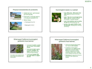 8/3/2014
4
Physical characteristics & constraints
 Sandy loam soil – well-drained
but dries quickly
 Front yard – N-facing; back is
S-facing and somewhat hot
 Water Zones:
 Front yard 2 to 2-3;
 Back yard 1-2 to 2
© Project SOUND
http://www.estately.com/listings/info/2062-w-234th-street
Hummingbird needs in a nutshell
 food—75% nectar, 25% protein from
small insects and spiders and some
pollen
 water—they love to zip through moving
water, such as a birdbath fountain,
mist sprayer, or garden sprinkler
 cover—from predators and for nesting
(as well as nesting materials), and
 perches—they spend 60–80% of each
day perching, surveying their territory
and dozing.
© Project SOUND
http://upload.wikimedia.org/wikipedia/commons/1/1a/
Anna's_Hummingbird_-_male_flying.jpg
What expert California hummingbird
gardeners have learned
 Hummingbirds prefer a mixed
diet of nectar from multiple
sources.
 Hummingbirds need a source
of nectar throughout the
season (choose plants with
different bloom seasons).
 A yard needs between 400
and 1000 flowers to support
one bird.
© Project SOUND
Fortunately, most neighborhoods
have at least some gardens with
nectar plants
What expert California hummingbird
gardeners have learned
 Attractive blooming plants should
lean towards reds & purples
 In addition to native plants,
hummingbirds use common garden
plants such as Fuchsia, Salvia,
Nicotiana, Agastache, Bee Balm,
Columbine, Scarlet Gilia , Hyssop,
Pride of Madiera and Red Hot Poker.
 Penstamons are especially attractive
because of their high nectar
content.
© Project SOUND
 