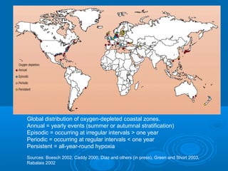 Global distribution of oxygen-depleted coastal zones.
Annual = yearly events (summer or autumnal stratification)
Episodic = occurring at irregular intervals > one year
Periodic = occurring at regular intervals < one year
Persistent = all-year-round hypoxia
Sources: Boesch 2002, Caddy 2000, Diaz and others (in press), Green and Short 2003,
Rabalais 2002
 