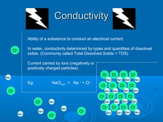 ConductivityConductivity
Ability of a substance to conduct an electrical current.
In water, conductivity determined by types and quantities of dissolved
solids. (Commonly called Total Dissolved Solids = TDS)
Current carried by ions (negatively or
positively charged particles).
Eg: NaCl(aq) = Na +
+ Cl –
Cl-
Na+Na+
Na+
Na+
Na+
Cl-
Cl-
Cl-
Cl-
Na+
Cl-
Cl-
Cl-
Cl-
Na+Na+ Na+Na+ Na+Na+ Na+Na+
Cl-
Cl-
Cl-
Cl-
Na+ Na+ Na+Na+
Cl-
Cl-
Cl-
Cl-
Na+ Na+ Na+Na+
Cl-
Cl-
Cl-
Cl-
Na+ Na+ Na+ Na+Na+
Na+Na+
Na+ Na+
Na+ Na+
 