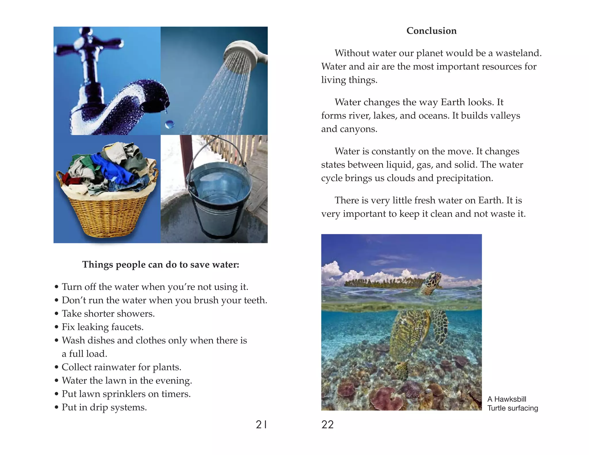 Conclusion

                                                       Without water our planet would be a wasteland.
                                                   Water and air are the most important resources for
                                                   living things.

                                                      Water changes the way Earth looks. It
                                                   forms river, lakes, and oceans. It builds valleys
                                                   and canyons.

                                                      Water is constantly on the move. It changes
                                                   states between liquid, gas, and solid. The water
                                                   cycle brings us clouds and precipitation.

                                                      There is very little fresh water on Earth. It is
                                                   very important to keep it clean and not waste it.




      Things people can do to save water:

• Turn off the water when you’re not using it.
• Don’t run the water when you brush your teeth.
• Take shorter showers.
• Fix leaking faucets.
• Wash dishes and clothes only when there is
  a full load.
• Collect rainwater for plants.
• Water the lawn in the evening.
• Put lawn sprinklers on timers.                                                            A Hawksbill
• Put in drip systems.                                                                      Turtle surfacing

                                             21    22
 