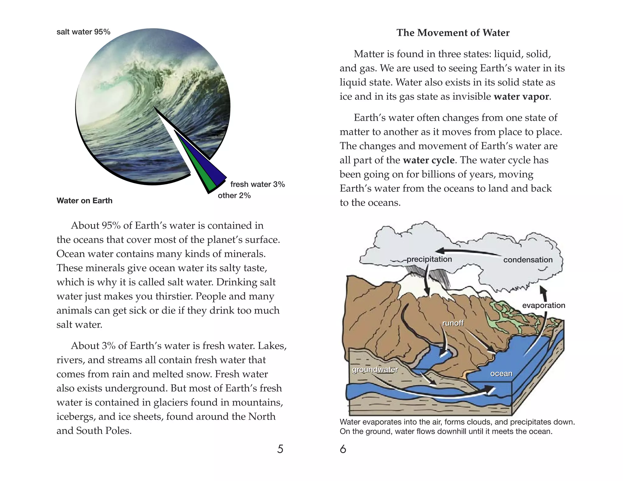 salt water 95%                                                          The Movement of Water

                                                            Matter is found in three states: liquid, solid,
                                                        and gas. We are used to seeing Earth’s water in its
                                                        liquid state. Water also exists in its solid state as
                                                        ice and in its gas state as invisible water vapor.

                                                            Earth’s water often changes from one state of
                                                        matter to another as it moves from place to place.
                                                        The changes and movement of Earth’s water are
                                                        all part of the water cycle. The water cycle has
                                                        been going on for billions of years, moving
                                       fresh water 3%
                                                        Earth’s water from the oceans to land and back
                                    other 2%
Water on Earth                                          to the oceans.

    About 95% of Earth’s water is contained in
the oceans that cover most of the planet’s surface.
Ocean water contains many kinds of minerals.                               precipitation              condensation
These minerals give ocean water its salty taste,
which is why it is called salt water. Drinking salt
water just makes you thirstier. People and many
                                                                                                           evaporation
animals can get sick or die if they drink too much
salt water.                                                                          runoff

   About 3% of Earth’s water is fresh water. Lakes,
rivers, and streams all contain fresh water that
                                                            groundwater
comes from rain and melted snow. Fresh water                                                      ocean
also exists underground. But most of Earth’s fresh
water is contained in glaciers found in mountains,
icebergs, and ice sheets, found around the North        Water evaporates into the air, forms clouds, and precipitates down.
and South Poles.                                        On the ground, water flows downhill until it meets the ocean.

                                                  5     6
 