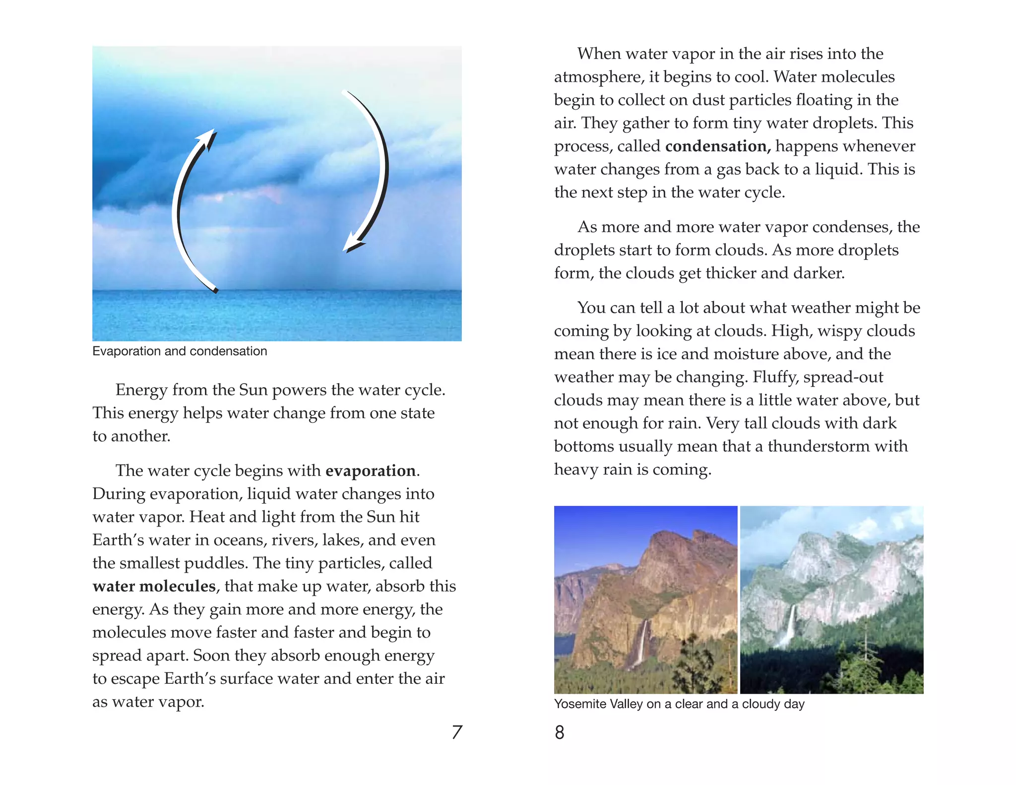 When water vapor in the air rises into the
                                                      atmosphere, it begins to cool. Water molecules
                                                      begin to collect on dust particles ﬂoating in the
                                                      air. They gather to form tiny water droplets. This
                                                      process, called condensation, happens whenever
                                                      water changes from a gas back to a liquid. This is
                                                      the next step in the water cycle.

                                                         As more and more water vapor condenses, the
                                                      droplets start to form clouds. As more droplets
                                                      form, the clouds get thicker and darker.

                                                         You can tell a lot about what weather might be
                                                      coming by looking at clouds. High, wispy clouds
Evaporation and condensation                          mean there is ice and moisture above, and the
                                                      weather may be changing. Fluffy, spread-out
    Energy from the Sun powers the water cycle.
                                                      clouds may mean there is a little water above, but
This energy helps water change from one state
                                                      not enough for rain. Very tall clouds with dark
to another.
                                                      bottoms usually mean that a thunderstorm with
    The water cycle begins with evaporation.          heavy rain is coming.
During evaporation, liquid water changes into
water vapor. Heat and light from the Sun hit
Earth’s water in oceans, rivers, lakes, and even
the smallest puddles. The tiny particles, called
water molecules, that make up water, absorb this
energy. As they gain more and more energy, the
molecules move faster and faster and begin to
spread apart. Soon they absorb enough energy
to escape Earth’s surface water and enter the air
as water vapor.                                       Yosemite Valley on a clear and a cloudy day

                                                  7   8
 
