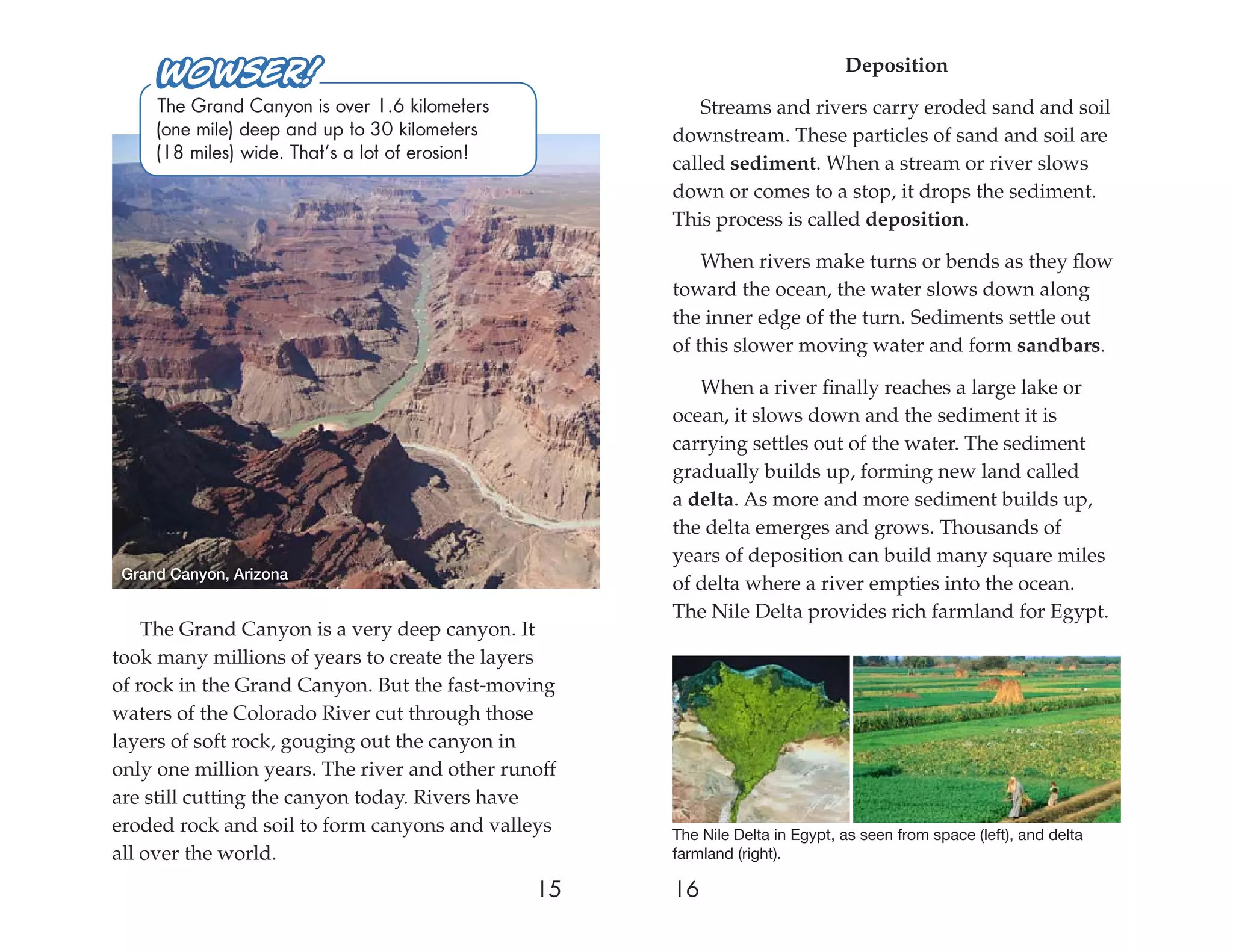 Deposition

     The Grand Canyon is over 1.6 kilometers              Streams and rivers carry eroded sand and soil
     (one mile) deep and up to 30 kilometers          downstream. These particles of sand and soil are
     (18 miles) wide. That’s a lot of erosion!
                                                      called sediment. When a stream or river slows
                                                      down or comes to a stop, it drops the sediment.
                                                      This process is called deposition.

                                                          When rivers make turns or bends as they ﬂow
                                                      toward the ocean, the water slows down along
                                                      the inner edge of the turn. Sediments settle out
                                                      of this slower moving water and form sandbars.

                                                         When a river ﬁnally reaches a large lake or
                                                      ocean, it slows down and the sediment it is
                                                      carrying settles out of the water. The sediment
                                                      gradually builds up, forming new land called
                                                      a delta. As more and more sediment builds up,
                                                      the delta emerges and grows. Thousands of
                                                      years of deposition can build many square miles
 Grand Canyon, Arizona
                                                      of delta where a river empties into the ocean.
                                                      The Nile Delta provides rich farmland for Egypt.
    The Grand Canyon is a very deep canyon. It
took many millions of years to create the layers
of rock in the Grand Canyon. But the fast-moving
waters of the Colorado River cut through those
layers of soft rock, gouging out the canyon in
only one million years. The river and other runoff
are still cutting the canyon today. Rivers have
eroded rock and soil to form canyons and valleys      The Nile Delta in Egypt, as seen from space (left), and delta
all over the world.                                   farmland (right).

                                                 15   16
 