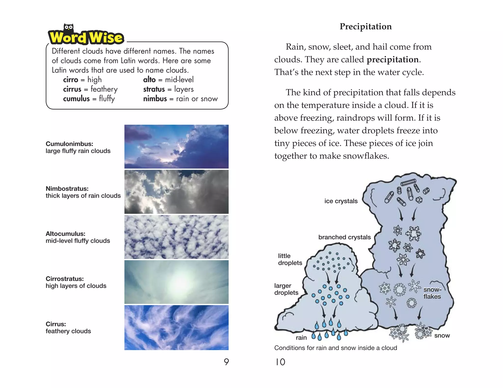 Precipitation

  Different clouds have different names. The names
                                                              Rain, snow, sleet, and hail come from
  of clouds come from Latin words. Here are some           clouds. They are called precipitation.
  Latin words that are used to name clouds.                That’s the next step in the water cycle.
      cirro = high             alto = mid-level
      cirrus = feathery        stratus = layers               The kind of precipitation that falls depends
      cumulus = ﬂuffy          nimbus = rain or snow
                                                           on the temperature inside a cloud. If it is
                                                           above freezing, raindrops will form. If it is
                                                           below freezing, water droplets freeze into
Cumulonimbus:                                              tiny pieces of ice. These pieces of ice join
large fluffy rain clouds
                                                           together to make snowﬂakes.


Nimbostratus:
thick layers of rain clouds
                                                                            ice crystals




Altocumulus:
                                                                          branched crystals
mid-level fluffy clouds

                                                            little
                                                            droplets

Cirrostratus:
high layers of clouds                                      larger                                        snow-
                                                           droplets                                      flakes



Cirrus:
feathery clouds
                                                                  rain                                      snow
                                                           Conditions for rain and snow inside a cloud

                                                       9   10
 