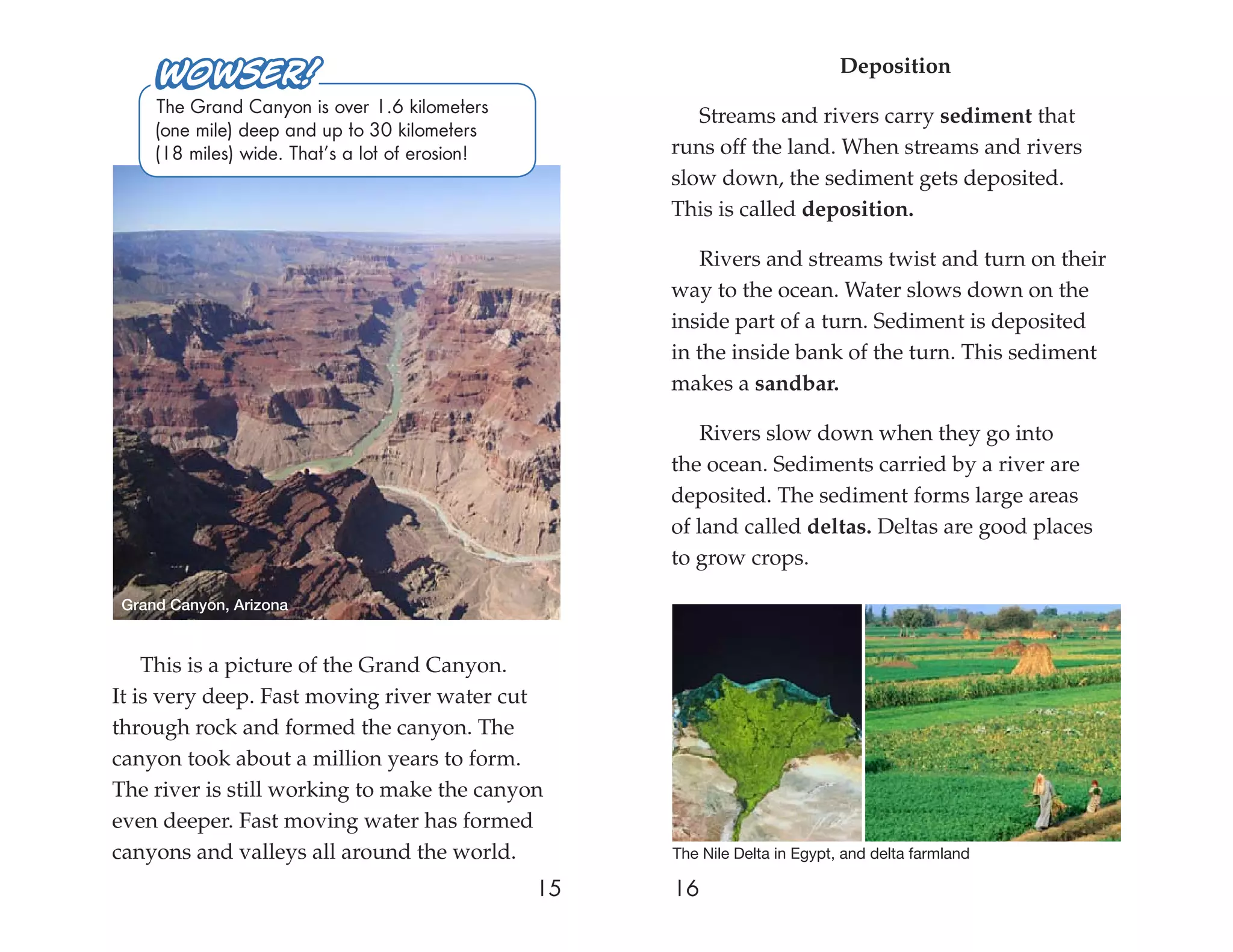 Deposition
    The Grand Canyon is over 1.6 kilometers
                                                        Streams and rivers carry sediment that
    (one mile) deep and up to 30 kilometers
    (18 miles) wide. That’s a lot of erosion!        runs off the land. When streams and rivers
                                                     slow down, the sediment gets deposited.
                                                     This is called deposition.

                                                        Rivers and streams twist and turn on their
                                                     way to the ocean. Water slows down on the
                                                     inside part of a turn. Sediment is deposited
                                                     in the inside bank of the turn. This sediment
                                                     makes a sandbar.

                                                         Rivers slow down when they go into
                                                     the ocean. Sediments carried by a river are
                                                     deposited. The sediment forms large areas
                                                     of land called deltas. Deltas are good places
                                                     to grow crops.

Grand Canyon, Arizona


    This is a picture of the Grand Canyon.
It is very deep. Fast moving river water cut
through rock and formed the canyon. The
canyon took about a million years to form.
The river is still working to make the canyon
even deeper. Fast moving water has formed
canyons and valleys all around the world.            The Nile Delta in Egypt, and delta farmland

                                                15   16
 
