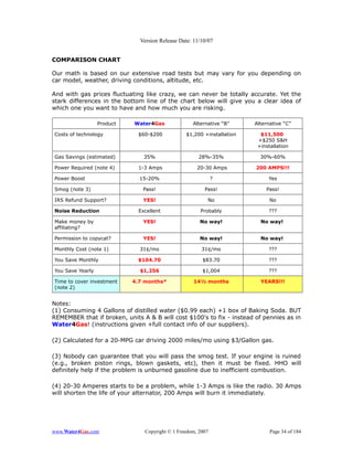 Version Release Date: 11/10/07


COMPARISON CHART

Our math is based on our extensive road tests but may vary for you depending on
car model, weather, driving conditions, altitude, etc.

And with gas prices fluctuating like crazy, we can never be totally accurate. Yet the
stark differences in the bottom line of the chart below will give you a clear idea of
which one you want to have and how much you are risking.

                  Product   Water4Gas               Alternative “B”     Alternative “C”

Costs of technology           $60-$200           $1,200 +installation     $11,500
                                                                         +$250 S&H
                                                                         +installation

Gas Savings (estimated)         35%                   28%-35%             30%-60%

Power Required (note 4)       1-3 Amps                20-30 Amps        200 AMPS!!!

Power Boost                   15-20%                          ?              Yes

Smog (note 3)                  Pass!                     Pass!              Pass!

IRS Refund Support?            YES!                       No                  No

Noise Reduction               Excellent                Probably              ???

Make money by                  YES!                    No way!            No way!
affiliating?

Permission to copycat?         YES!                    No way!            No way!

Monthly Cost (note 1)         31¢/mo                    31¢/mo               ???

You Save Monthly              $104.70                   $83.70               ???

You Save Yearly               $1,256                    $1,004               ???

Time to cover investment    4.7 months*             14½ months            YEARS!!!
(note 2)


Notes:
(1) Consuming 4 Gallons of distilled water ($0.99 each) +1 box of Baking Soda. BUT
REMEMBER that if broken, units A & B will cost $100's to fix - instead of pennies as in
Water4Gas! (instructions given +full contact info of our suppliers).

(2) Calculated for a 20-MPG car driving 2000 miles/mo using $3/Gallon gas.

(3) Nobody can guarantee that you will pass the smog test. If your engine is ruined
(e.g., broken piston rings, blown gaskets, etc), then it must be fixed. HHO will
definitely help if the problem is unburned gasoline due to inefficient combustion.

(4) 20-30 Amperes starts to be a problem, while 1-3 Amps is like the radio. 30 Amps
will shorten the life of your alternator, 200 Amps will burn it immediately.




www.Water4Gas.com               Copyright © 1 Freedom, 2007                   Page 34 of 184
 