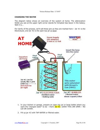 Version Release Date: 11/10/07


CHARGING THE WATER

The diagram below shows an overview of the system at home. The abbreviation
SGSG you see at the upper right corner stands for Simplest Gas Saver in the Galaxy.
Well it is...

For clarity of the process, we'll call these jars as they are marked here – Jar #1 is the
Electrolyzer, and Jar #2 is the open top jar or bowl.




   1. In your kitchen or garage, prepare an open top jar or large bottle where you
      want the “charged water” to be – that's Jar #2. LEAVE THIS JAR OPEN – NO
      LID OR COVER.

   2. Fill up jar #2 with TAP WATER or filtered water.




www.Water4Gas.com                Copyright © 1 Freedom, 2007                 Page 88 of 184
 