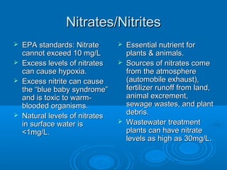 Nitrates/NitritesNitrates/Nitrites
 EPA standards: NitrateEPA standards: Nitrate
cannot exceed 10 mg/Lcannot exceed 10 mg/L
 Excess levels of nitratesExcess levels of nitrates
can cause hypoxia.can cause hypoxia.
 Excess nitrite can causeExcess nitrite can cause
the “blue baby syndrome”the “blue baby syndrome”
and is toxic to warm-and is toxic to warm-
blooded organisms.blooded organisms.
 Natural levels of nitratesNatural levels of nitrates
in surface water isin surface water is
<1mg/L.<1mg/L.
 Essential nutrient forEssential nutrient for
plants & animals.plants & animals.
 Sources of nitrates comeSources of nitrates come
from the atmospherefrom the atmosphere
(automobile exhaust),(automobile exhaust),
fertilizer runoff from land,fertilizer runoff from land,
animal excrement,animal excrement,
sewage wastes, and plantsewage wastes, and plant
debris.debris.
 Wastewater treatmentWastewater treatment
plants can have nitrateplants can have nitrate
levels as high as 30mg/L.levels as high as 30mg/L.
 