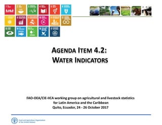 AGENDA ITEM 4.2:
WATER INDICATORS
FAO-OEA/CIE-IICA working group on agricultural and livestock statistics
for Latin America and the Caribbean
Quito, Ecuador, 24 - 26 October 2017
 