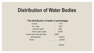 Distribution of Water Bodies
◦ The distribution of water in percentage:
oceans : 97.3
Ice- caps : 02.0
Ground water : 0.68
Fresh water Lakes : 0.009
Inland seas and salt lakes : 0.009
Atmosphere : 0.0019
Rivers : 0.0001
100.00
 