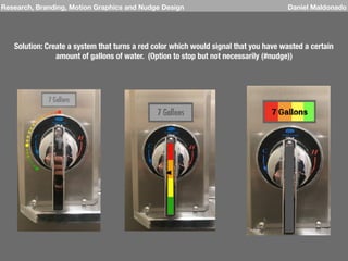 Research, Branding, Motion Graphics and Nudge Design Daniel Maldonado
Solution: Create a system that turns a red color which would signal that you have wasted a certain
amount of gallons of water. (Option to stop but not necessarily (#nudge))
 