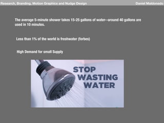 The average 5-minute shower takes 15-25 gallons of water--around 40 gallons are
used in 10 minutes.
Research, Branding, Motion Graphics and Nudge Design Daniel Maldonado
Less than 1% of the world is freshwater (forbes)
High Demand for small Supply
 