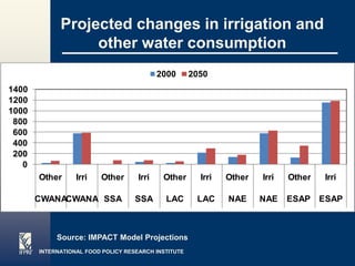 Projected changes in irrigation and
                  other water consumption
                                           2000      2050
1400
1200
1000
 800
 600
 400
 200
   0
       Other       Irri   Other      Irri    Other      Irri   Other   Irri   Other       Irri

       CWANACWANA SSA               SSA      LAC       LAC     NAE     NAE    ESAP      ESAP



            Source: IMPACT Model Projections
       INTERNATIONAL FOOD POLICY RESEARCH INSTITUTE
                                                                                      Page 12
 