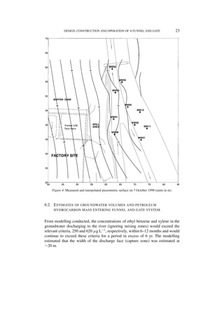 DESIGN, CONSTRUCTION AND OPERATION OF A FUNNEL AND GATE                           23




    Figure 4. Measured and interpolated piezometric surface on 7 October 1998 (units in m).



6.2. E STIMATES OF GROUNDWATER VOLUMES AND PETROLEUM
     HYDROCARBON MASS ENTERING FUNNEL AND GATE SYSTEM


From modelling conducted, the concentrations of ethyl benzene and xylene in the
groundwater discharging to the river (ignoring mixing zones) would exceed the
relevant criteria, 250 and 620 µg L−1 , respectively, within 6–12 months and would
continue to exceed these criteria for a period in excess of 6 yr. The modelling
estimated that the width of the discharge face (capture zone) was estimated at
∼20 m.
 