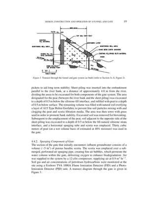 DESIGN, CONSTRUCTION AND OPERATION OF A FUNNEL AND GATE                            19




 Figure 3. Transect through the funnel and gate system (as built) (refer to Section A–A, Figure 2).



pickets to aid long term stability. Sheet piling was inserted into the embankment
parallel to the river bank, at a distance of approximately 4.0 m from the river,
dividing the areas to be excavated for both components of the gate system. The area
designated for the peat (between the river bank and the sheet piling) was excavated
to a depth of 0.5 m below the siltstone-ﬁll interface, and inﬁlled with peat to a depth
of 0.5 m below surface. The remaining volume was ﬁlled with natural soil overlying
a layer of A15 Type Bidim Geofabric to prevent ﬁne soil particles mixing with and
clogging the peat and scoria ﬁltration media. The area was then sown with grass
seed in order to promote bank stability. Excavated soil was removed for bioventing.
Subsequent to the emplacement of the peat, soil adjacent to the opposite side of the
sheet piling was excavated to a depth of 0.5 m below the ﬁll-natural siltstone strata
interface, and a horizontal sparging tube and scoria was emplaced. Thirty cubic
meters of peat (on a wet volume basis of estimated at 40% moisture) was used in
the gate.


4.4.2. Sparging Component of Gate
The section of the gate that initially encounters inﬂuent groundwater consists of a
volume (∼5 m3 ) of porous basaltic scoria. The scoria was emplaced over a sub-
merged, perforated air sparging pipe, creating ﬁne air bubbles, which permeate the
water column within the gate, delivering oxygen to enhance biodegradation. Air
was supplied to the system by a 12-cfm compressor, supplying air at 0.9 m3 hr−1 .
Soil gas and air concentrations of petroleum hydrocarbons were monitored at the
site using a Foxboro TVA 1000A Flame Ionization Detector (FID) and a Photo-
Ionization Detector (PID) unit. A transect diagram through the gate is given in
Figure 3.
 