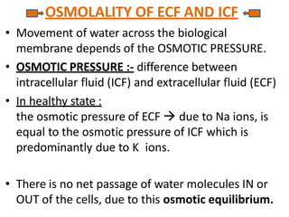 OSMOLALITY OF ECF AND ICF
• Movement of water across the biological
membrane depends of the OSMOTIC PRESSURE.
• OSMOTIC PRESSURE :- difference between
intracellular fluid (ICF) and extracellular fluid (ECF)
• In healthy state :
the osmotic pressure of ECF  due to Na ions, is
equal to the osmotic pressure of ICF which is
predominantly due to K ions.
• There is no net passage of water molecules IN or
OUT of the cells, due to this osmotic equilibrium.
 