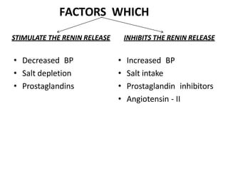 FACTORS WHICH
STIMULATE THE RENIN RELEASE INHIBITS THE RENIN RELEASE
• Decreased BP
• Salt depletion
• Prostaglandins
• Increased BP
• Salt intake
• Prostaglandin inhibitors
• Angiotensin - II
 