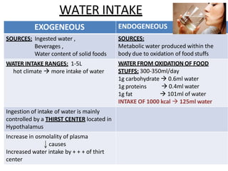 WATER INTAKE
EXOGENEOUS
SOURCES: Ingested water ,
Beverages ,
Water content of solid foods
WATER INTAKE RANGES: 1-5L
hot climate  more intake of water
1g proteins
1g fat
ENDOGENEOUS
SOURCES:
Metabolic water produced within the
body due to oxidation of food stuffs
WATER FROM OXIDATION OF FOOD
STUFFS: 300-350ml/day
1g carbohydrate  0.6ml water
 0.4ml water
 101ml of water
INTAKE OF 1000 kcal  125ml water
Ingestion of intake of water is mainly
controlled by a THIRST CENTER located in
Hypothalamus
Increase in osmolality of plasma
causes
Increased water intake by + + + of thirt
center
 