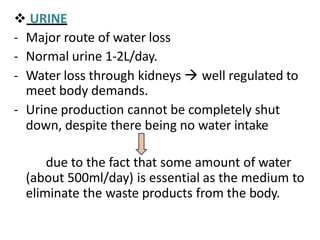  URINE
- Major route of water loss
- Normal urine 1-2L/day.
- Water loss through kidneys  well regulated to
meet body demands.
- Urine production cannot be completely shut
down, despite there being no water intake
due to the fact that some amount of water
(about 500ml/day) is essential as the medium to
eliminate the waste products from the body.
 