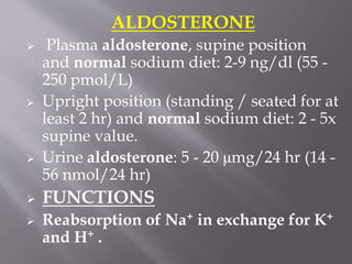 ALDOSTERONE
 Plasma aldosterone, supine position
and normal sodium diet: 2-9 ng/dl (55 -
250 pmol/L)
 Upright position (standing / seated for at
least 2 hr) and normal sodium diet: 2 - 5x
supine value.
 Urine aldosterone: 5 - 20 μmg/24 hr (14 -
56 nmol/24 hr)
 FUNCTIONS
 Reabsorption of Na+ in exchange for K+
and H+ .
 
