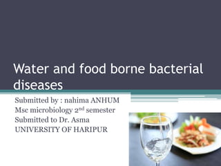 Water and food borne bacterial
diseases
Submitted by : nahima ANHUM
Msc microbiology 2nd semester
Submitted to Dr. Asma
UNIVERSITY OF HARIPUR
 