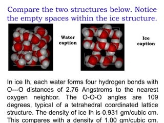 Compare the two structures below. Notice
the empty spaces within the ice structure.
Water
caption
Ice
caption
In ice Ih, e...