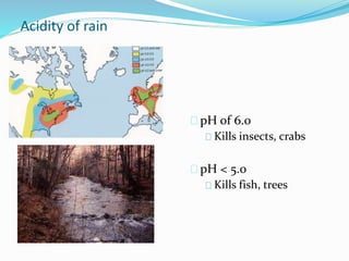 Acidity of rain 
pH of 6.0 
Kills insects, crabs 
pH < 5.0 
Kills fish, trees 
 