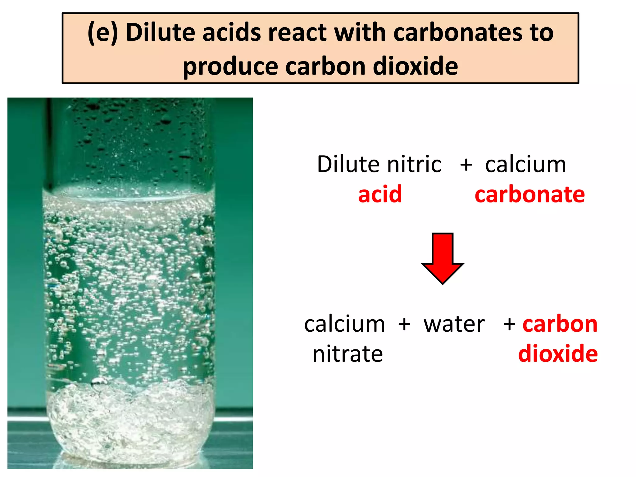 (e) Dilute acids react with carbonates to
         produce carbon dioxide


                    Dilute nitric + calcium
                        acid       carbonate



                   calcium + water + carbon
                    nitrate         dioxide
 